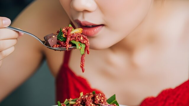 Larb Leuat Neua Raw Beef Salad Macro Close-Up