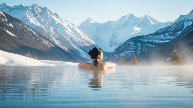 Woman in steaming outdoor pool, facing majestic snow-covered mountains, sunlit winter landscape - Powered by Adobe