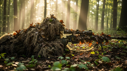 Forest sniper camouflaged in prone position, weapon at the ready. Ideal for militarythemed design projects, books, and articles about snipers.