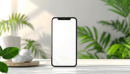 Smartphone mockup with blank white screen on white table with zen stones and green tropical plants