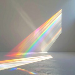 A bright shaft of sunlight refraction creates a vivid rainbow spectrum across a light wall and floor