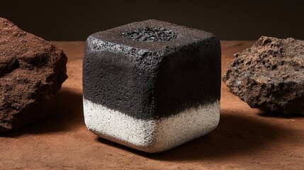 Artistic studio shot of three geological rock formations on a brown surface