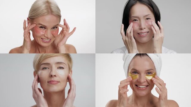 Four women engage in their face care routines, applying eye patches with smiles. They showcase a variety of beauty techniques while emphasizing self-care and relaxation.