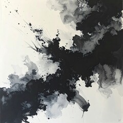 Energetic abstract artwork with sweeping black brushstrokes and dark gray ink wash splatters