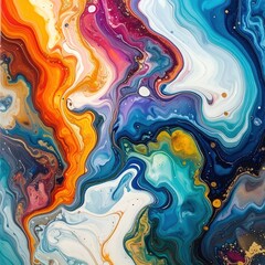 Vibrant abstract fluid art background featuring swirling blue orange purple and gold marbling