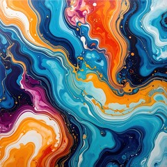 Dynamic abstract fluid art texture showcasing swirling waves of blue orange and metallic gold paint