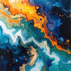 Abstract fluid painting featuring swirling waves of vibrant blue orange and metallic gold