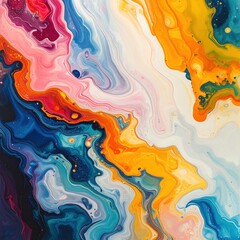 Dynamic abstract fluid art texture with vibrant waves of blue yellow pink and orange marbled paint