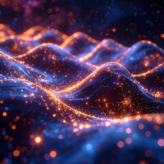 Dynamic abstract visualization showing glowing orange and blue particle waves flow across a dark