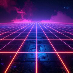 Neon glowing grid pattern extending into the dark synthetic space under a star filled purple sky