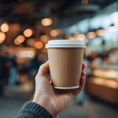 Hand Holding Takeaway Coffee Cup in Modern Caf&eacute; with Bokeh Lights, Urban Lifestyle Concept