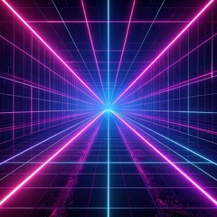 Futuristic neon grid tunnel rendered in vibrant synthwave pink and blue lights