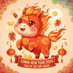 Vibrant illustration of a charming fiery horse character with traditional lanterns and gold, celebrating the festive Lunar New Year 2026 and the Year of the Fire Horse