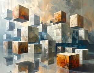 Surreal digital painting featuring numerous floating, textured, cubic forms suspended in a reflective, atmospheric space. The colors are muted