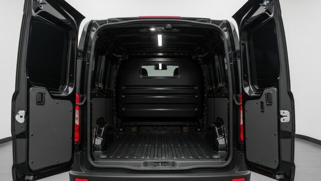 Rear view of an empty black cargo van with both back doors wide open, revealing a clean, dark interior