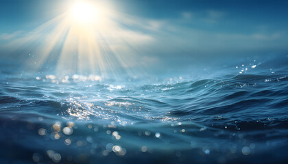 Sunlight Over Blue Ocean Waves, Abstract Sea Water Background with Sparkling Light