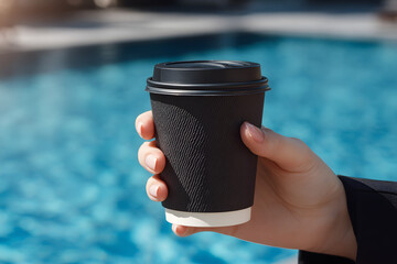 Hand Holding Black Takeaway Coffee Cup by Swimming Pool, Summer Lifestyle Beverage Concept