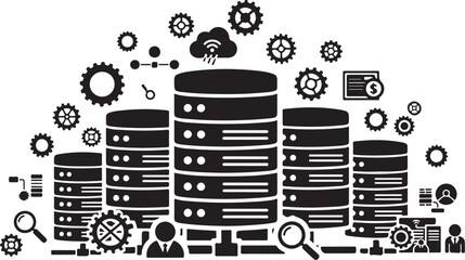 Obraz premium A black and white illustration of database servers and technology symbols
