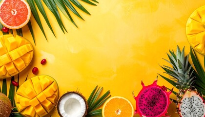 Overhead shot of various tropical fruits arranged on a bright yellow background with leaves