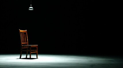 A lone wooden chair illuminated by a single overhead light in an empty, dark space