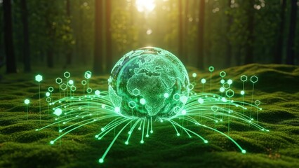 A luminous green digital Earth globe with a network of connections on a mossy forest floor