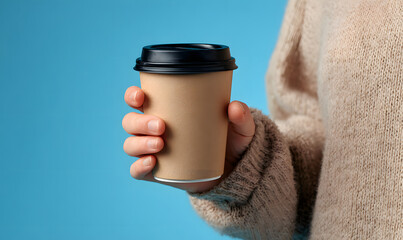 Woman Holding Takeaway Coffee Cup on Blue Background, Paper Coffee Cup Mockup with Copy Space