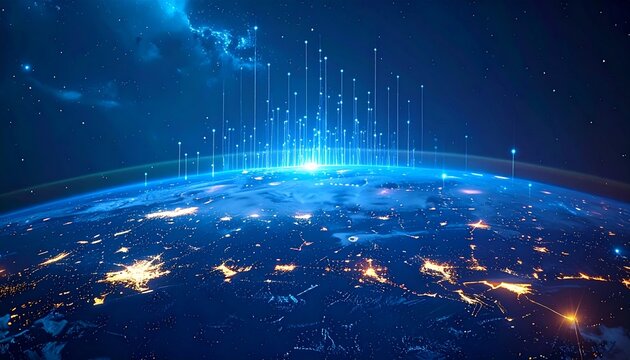 Glowing blue lines and vector stars illuminate an abstract galaxy background where digital energy flows around a glowing Earth globe in the dark night of the space universe - Powered by Adobe