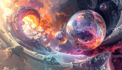 Surreal dreamscape features spherical objects floating amidst swirling, colorful waves and cloud-like formations. A vibrant, fantastical scene