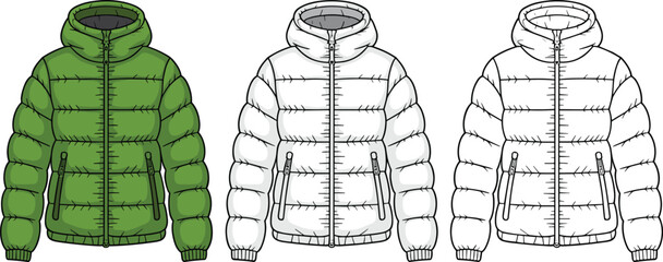 Puffer jacket illustration in three stages – full color, partial color, and technical sketch © Md