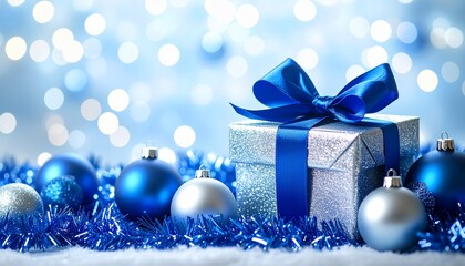 A sparkling gift box with blue ribbon, ornaments, and tinsel against a blurred blue background