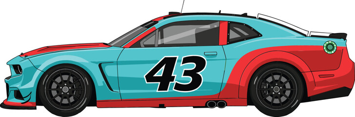Profile view of a modern stock racing car with light blue and red livery and number 43 design © NURUL