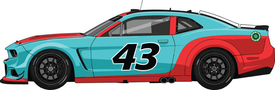 Profile view of a modern stock racing car with light blue and red livery and number 43 design