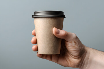 Hand Holding Craft Paper Coffee Cup Mockup on Gray Background, Takeaway Beverage Branding Template