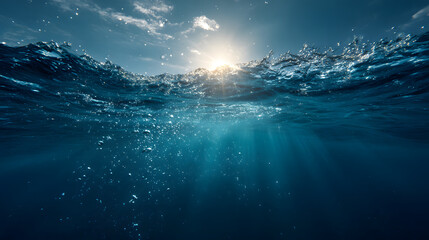 Underwater Ocean Surface with Sunlight Rays and Bubbles, Deep Blue Sea Background