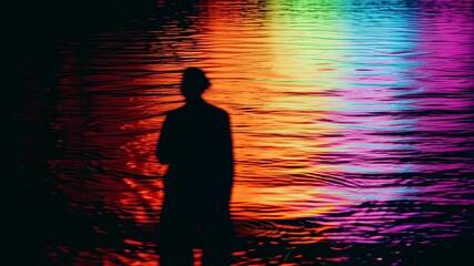 Silhouette of a person standing in colorful water reflections at night.