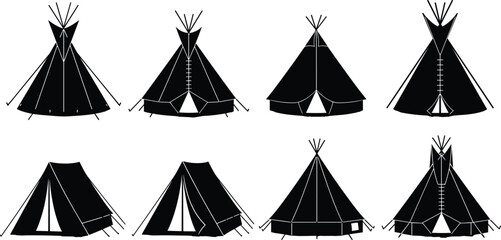 Set of Native American Indian tipi and camping tent black silhouettes isolated on white vector background. © Sahed