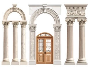 Three detailed neoclassical architectural elements with columns, arches, and a wooden double door on a transparent background