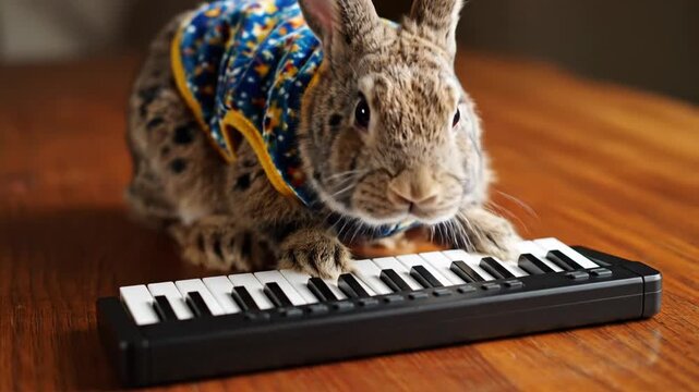 Rabbit playing a small keyboard toy.
