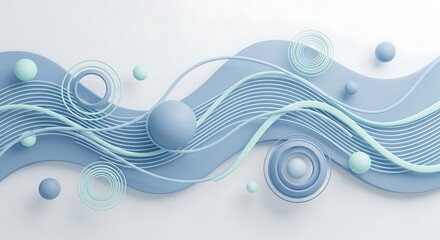 Pastel Colored Abstract Composition with Spheres, Waves and Concentric Circles