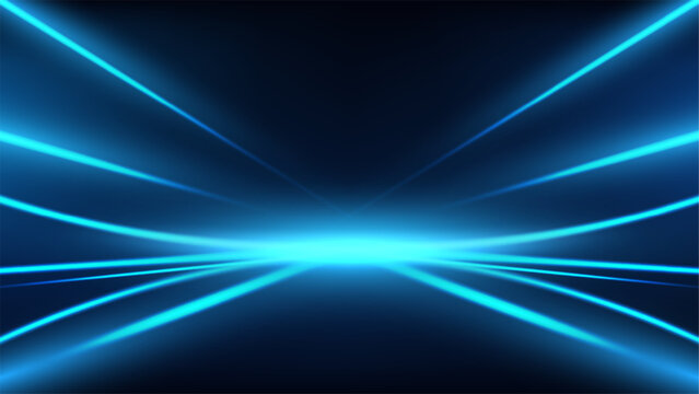 Blue neon technology background with futuristic glowing light streaks and curved lines converging on a dark digital horizon for high tech network and cyber security