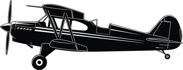 Vintage Propeller Biplane Silhouette Side View Isolated on White for Aviation History Travel Flight Transportation Aerospace Engineering and Retro Pilot Design © Ajmira