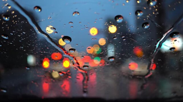 Experience the mesmerizing blur of an urban night as rain streaks across a car windshield, transforming city lights into a vibrant bokeh spectacle. This atmospheric footage captures the reflective moo