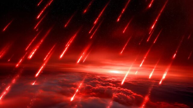 Epic journey through a crimson sky as fiery comets illuminate the world below in a celestial cataclysm