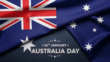 Celebratory graphic design featuring the draped and waving australian national flag prominently displayed above stylized text marking the twenty sixth of january australia day holiday commemoration