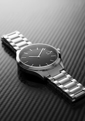 Stainless Steel Wristwatch Resting on Sleek Carbon Fiber Background
