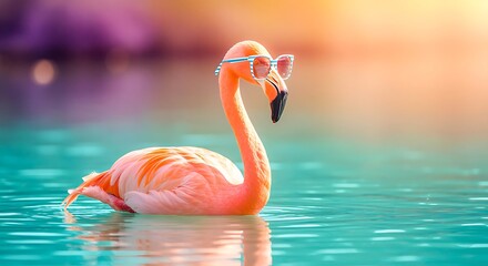 Pink flamingo wearing sunglasses swims in turquoise water at sunset Keywords: flamingo, bird, animal, wildlife, tropical, exotic, summer, vacation