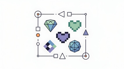 Colorful 3D Geometric Shapes in Grid Layout.