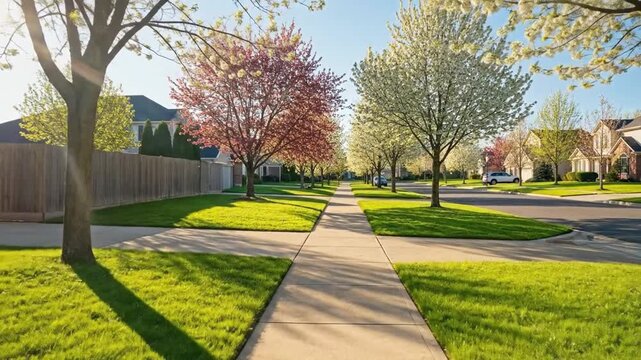 American suburban sidewalk shines under bright spring sunshine.