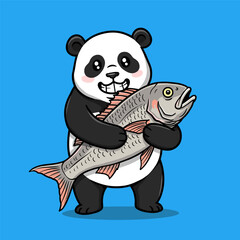 Fototapeta premium Cute cartoon panda smiling and holding bamboo in a fun vector illustration style