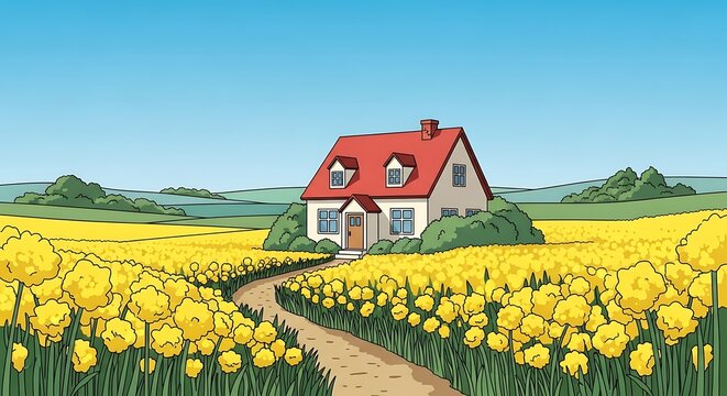 House in a field of flowers.